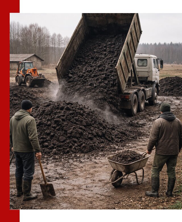 Доставка низинного торфа с разгрузкой и доставкой в Кузнецке